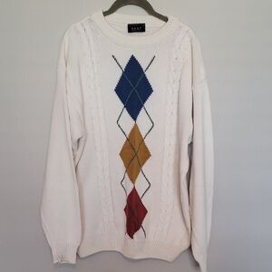 Vintage 90s Mens Crewneck Argyle Sweater Size M Golf Chunky Knit Cotton Grandpa